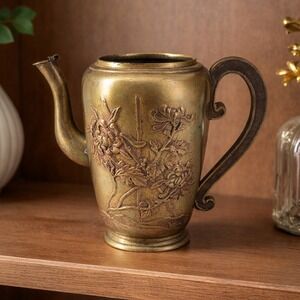 Antique Brass Teapot Relief Floral Chrysanthemum Meiji Style Asian Metalwork